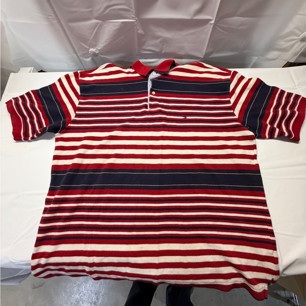 Tommy Hilfiger Red and Navy Woven Striped Polo - Picture 2 of 9
